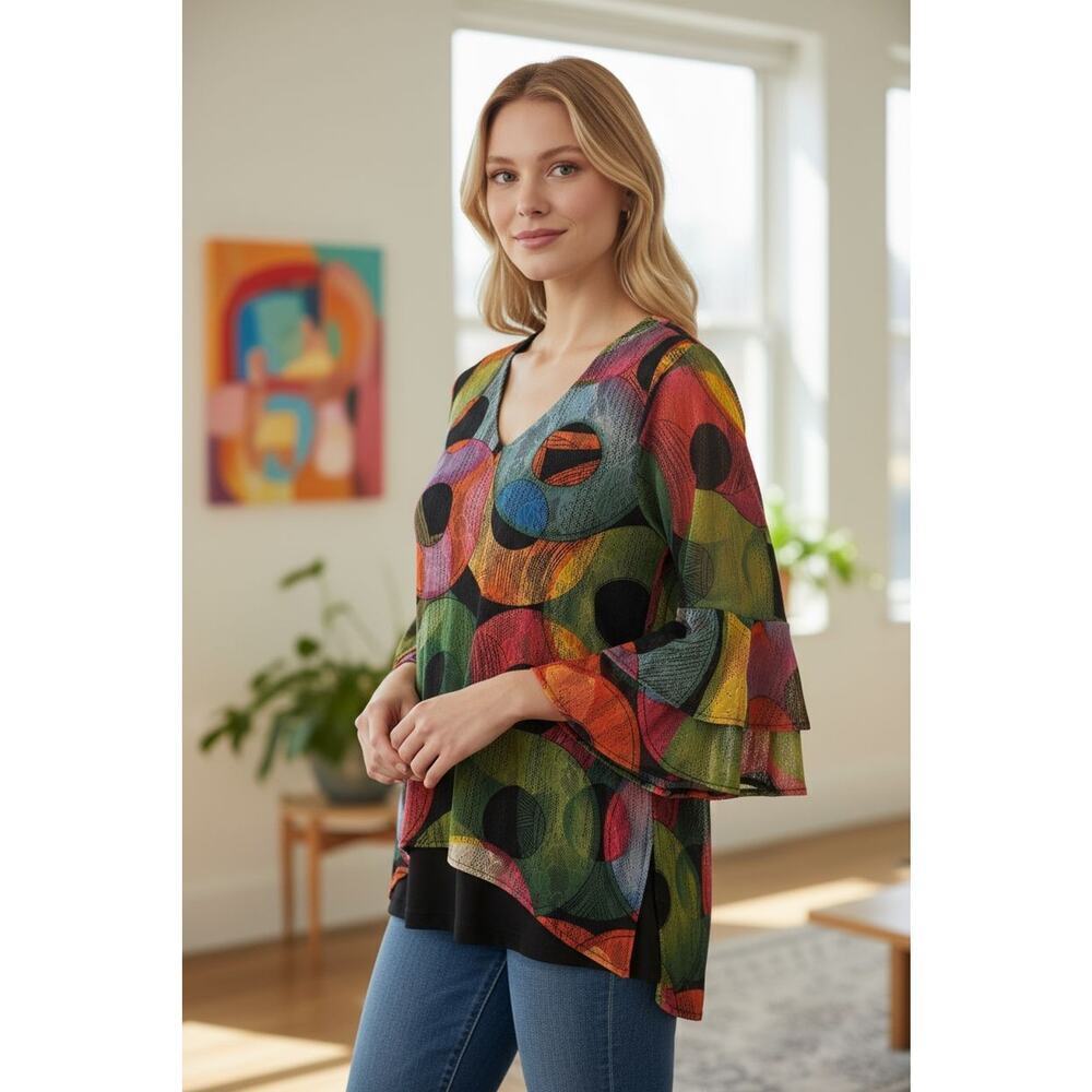 Calessa Womens Size M Black Printed 3/4 Flare Sleeve V Neck Blouse Top Career